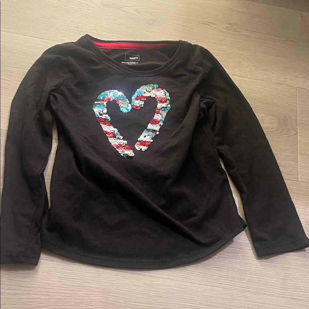 Sonoma Black Long Sleeve Kids Tee with reversible Sequin candy canes
